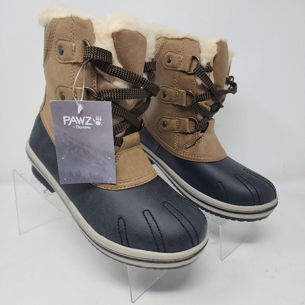 Pawz Winter Boots Womens 6 Brown Ginnie Duck Faux Fur Lace Up Snow Booties